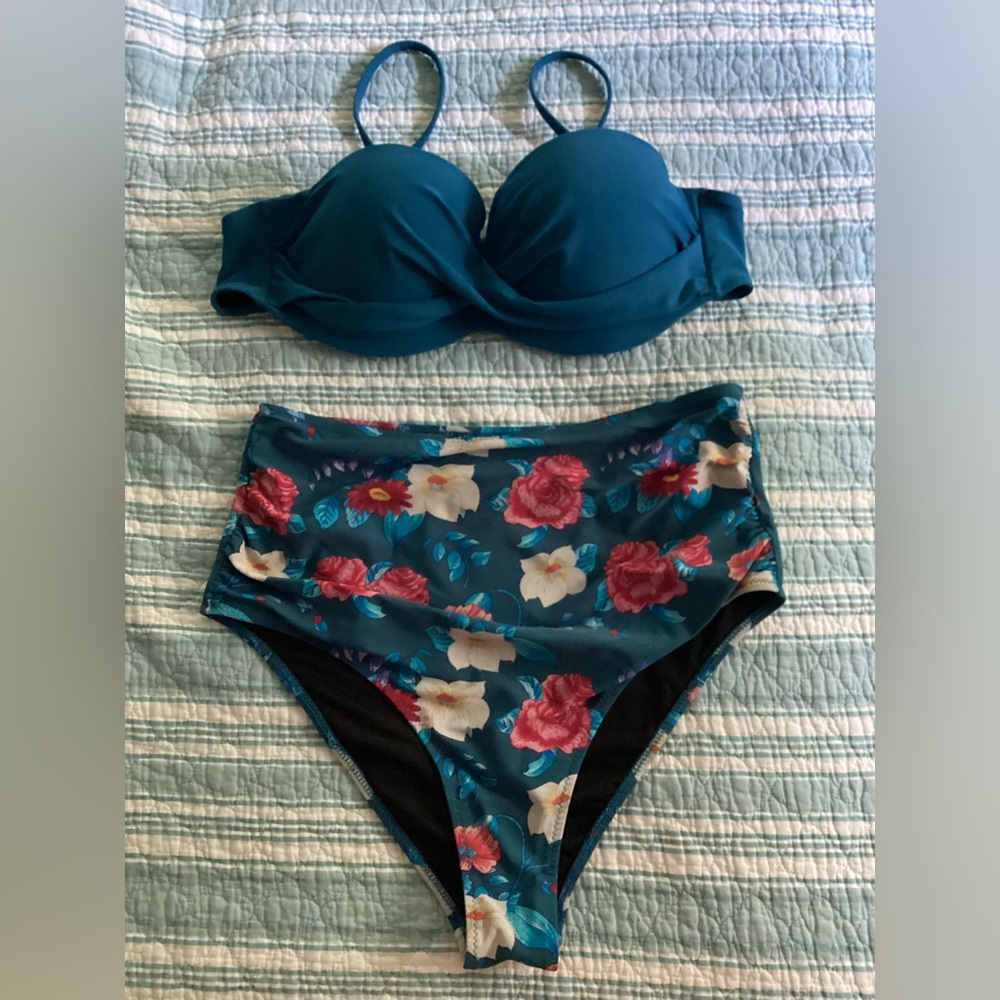 Teal Bikini Set with Floral Print